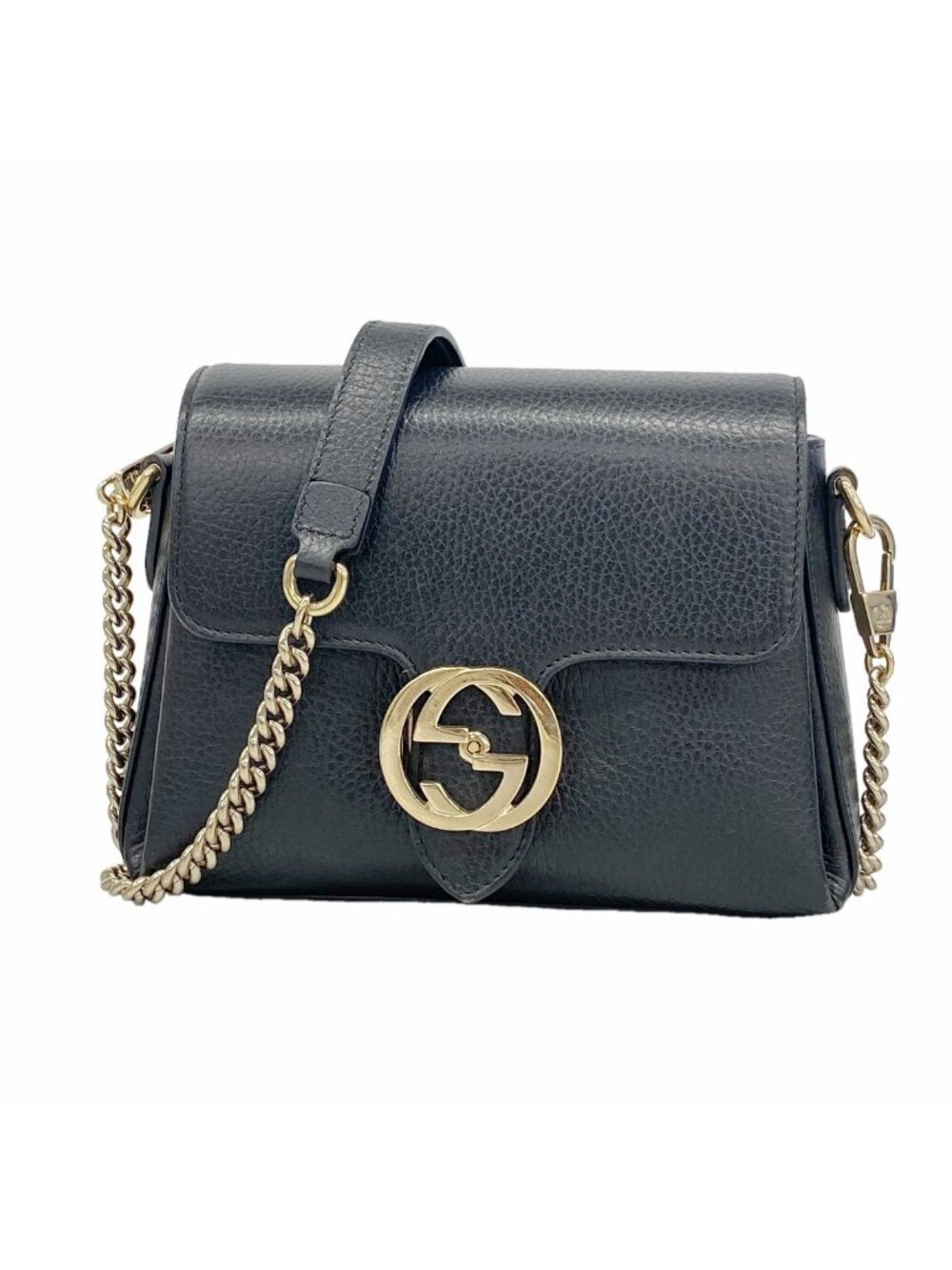 Gucci Shoulder Bag Interlocking G Leather Black Champagne Gold
